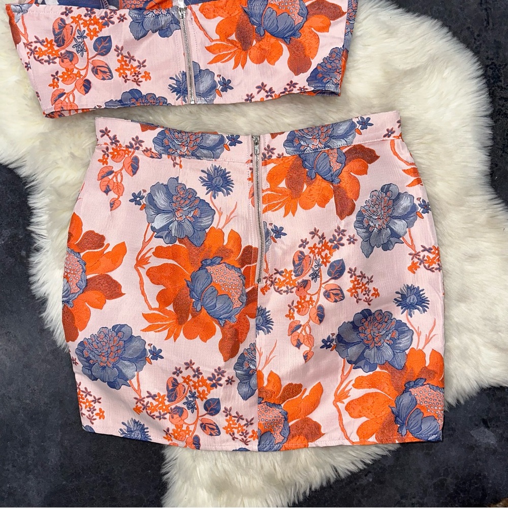 Fashion nova Asami floral skirt set jacquard pink peach orange navy cute - Picture 13 of 14